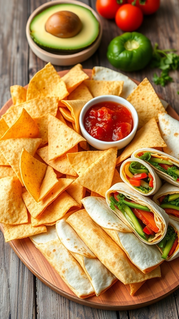 Creative Tortilla Snack Ideas A platter of tortilla snacks including chips, quesadillas, and roll-ups with salsa.